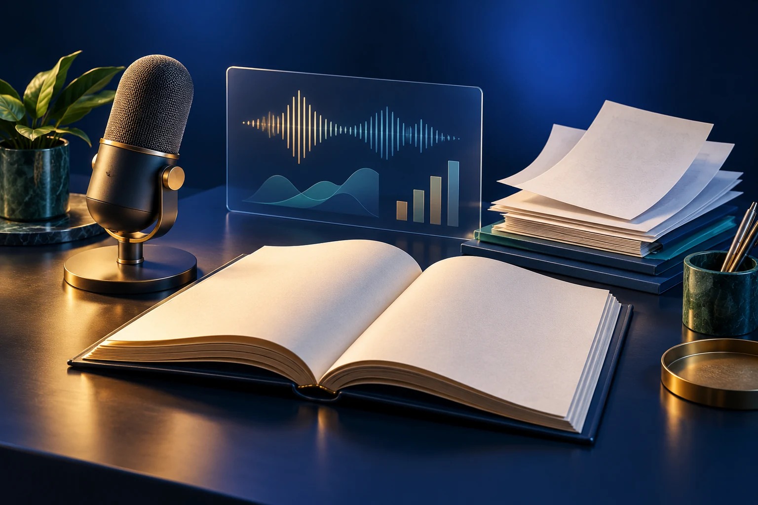 Concept artwork of a book, voice microphone, research documents and digital analysis shapes