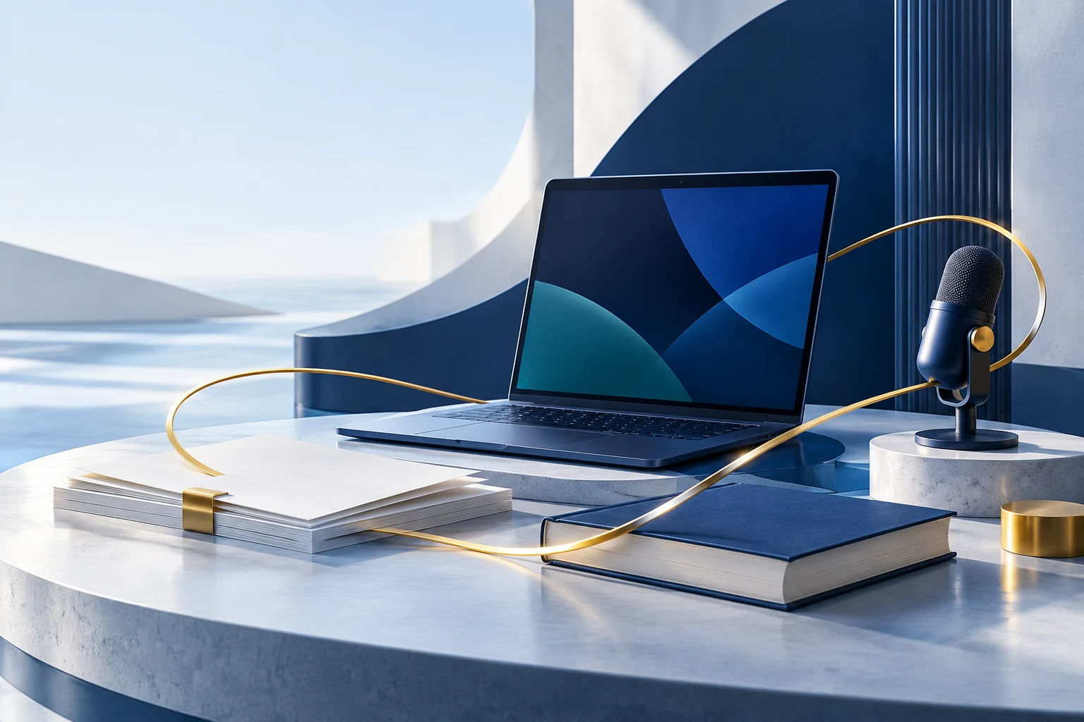 IPC concept artwork connecting a laptop, research documents, books and a recording device in navy, blue, teal and gold