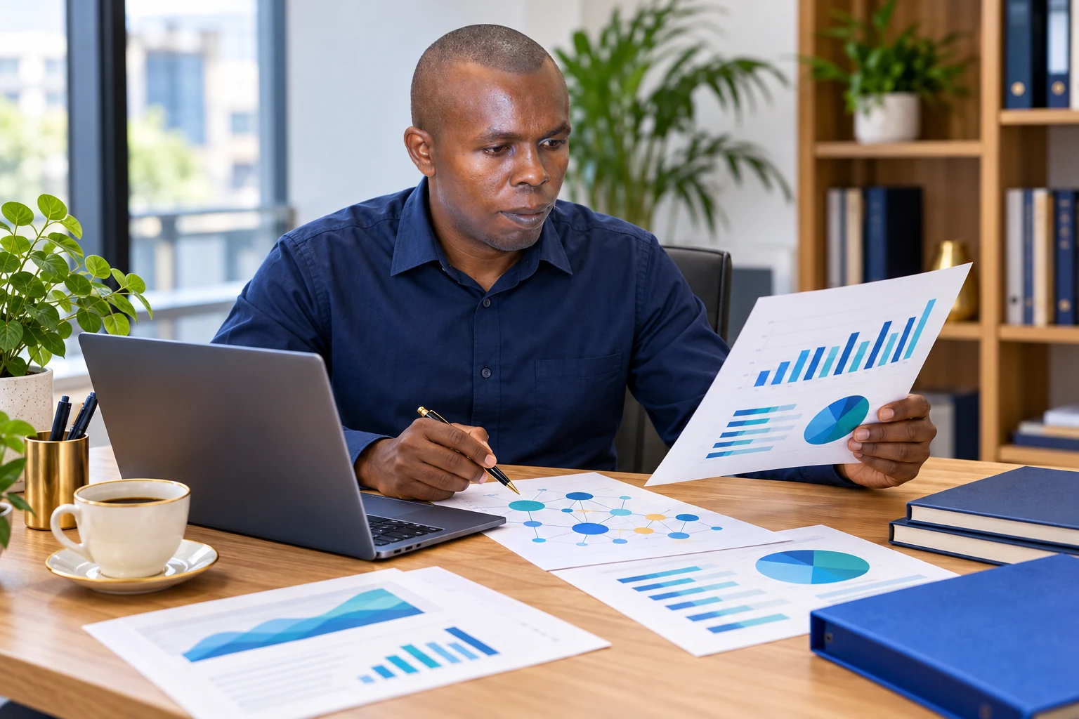 Illustrative scene of Nicolous Njoroge reviewing research documents and data analysis in a Kenyan workspace